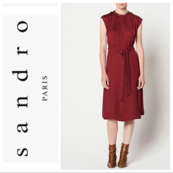SANDRO Conique High-collar Dress In Rubis - Picture 1 of 7